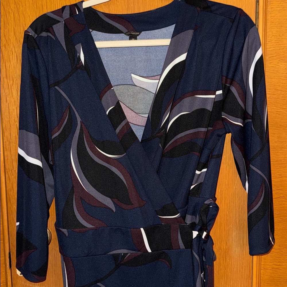 Elegant Blue Black and White Wrap Dress - Picture 2 of 5